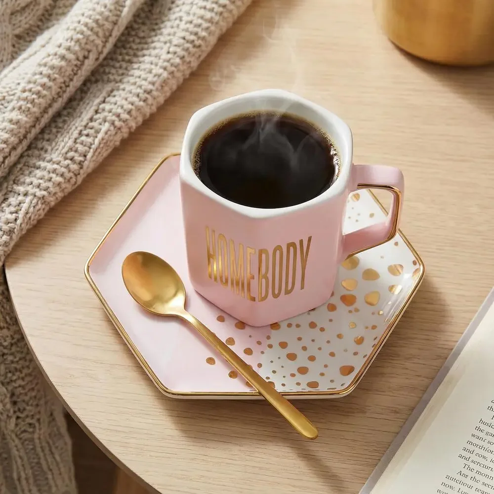 Homebody Hexagon Mug and Saucer Set in Pink with Gold Dot Pattern